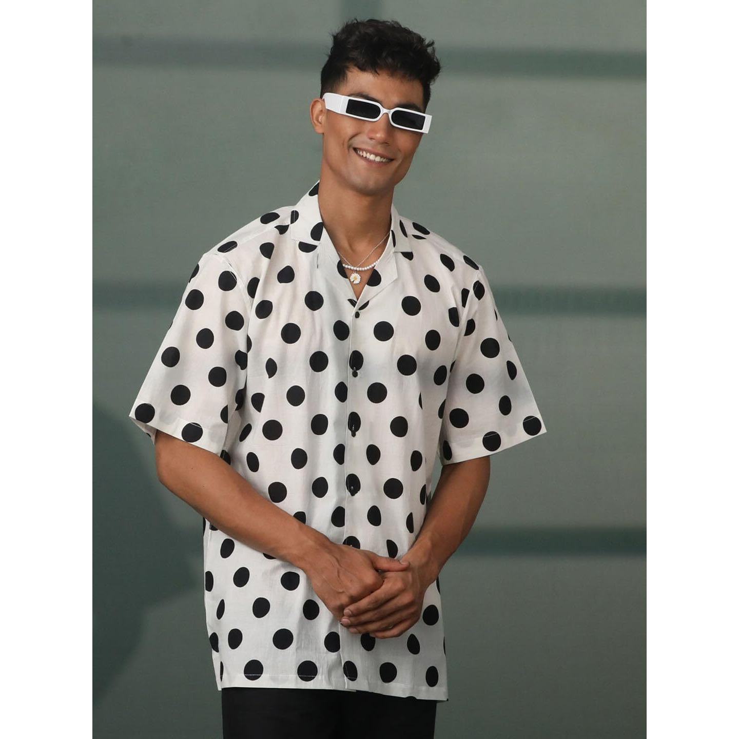 VASTRAMAY Men's Cotton Ethnic Shirt I Slim Fit Polka Printed Regular Shirt I Everyday Casual Summer Ease Short Sleeves Shirts_VSHVMSH329WH_40 White
