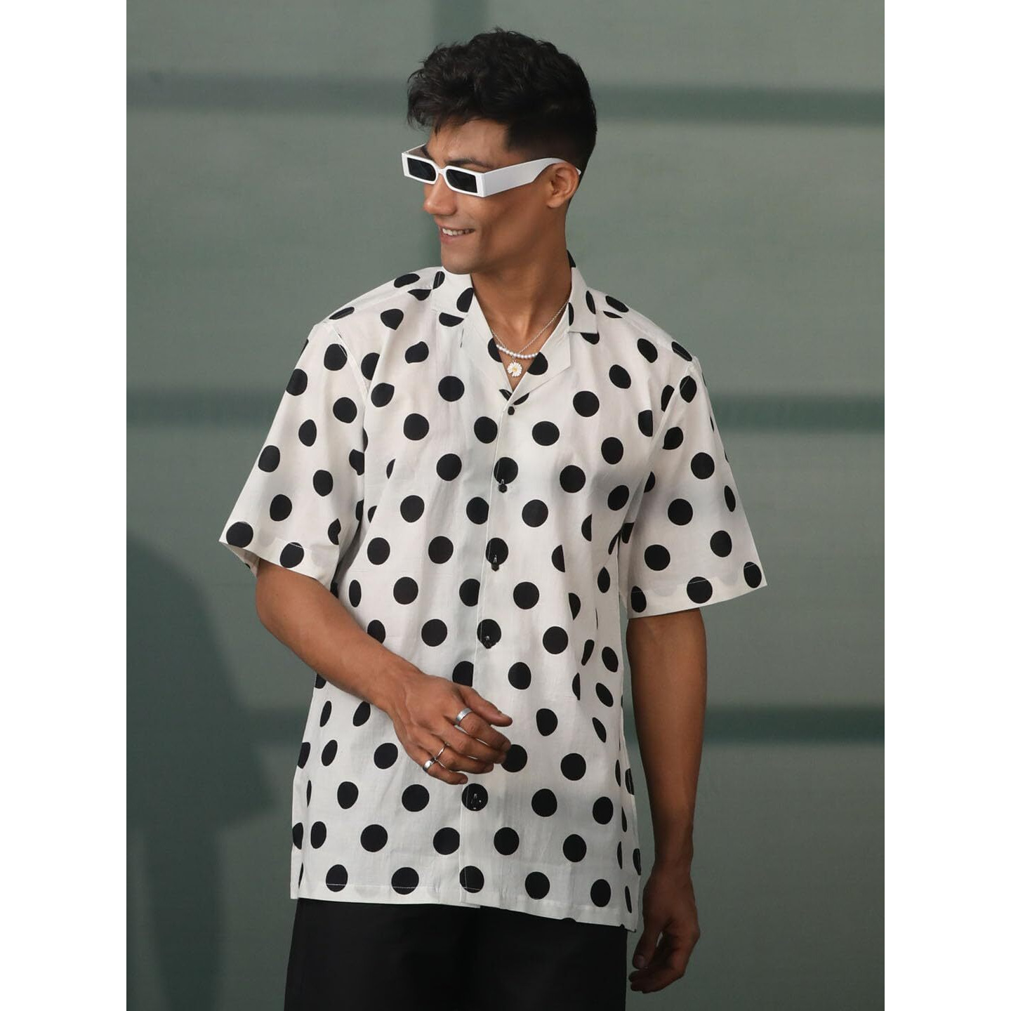 VASTRAMAY Men's Cotton Ethnic Shirt I Slim Fit Polka Printed Regular Shirt I Everyday Casual Summer Ease Short Sleeves Shirts_VSHVMSH329WH_40 White