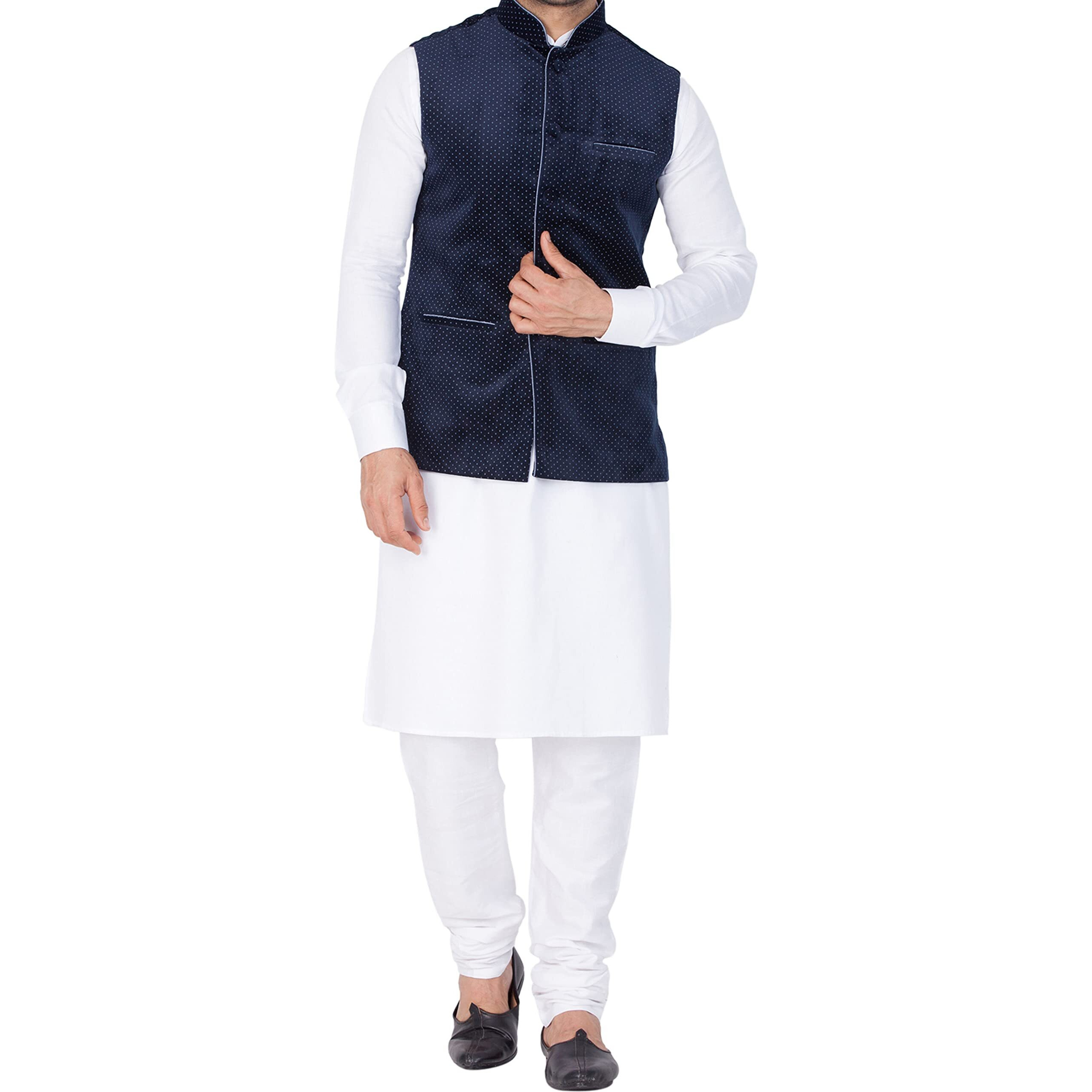 VASTRAMAY Men Cotton Kurta Modi Jacket and Pyjama Set (White_VASMKPWH014nMJT014BU_36)