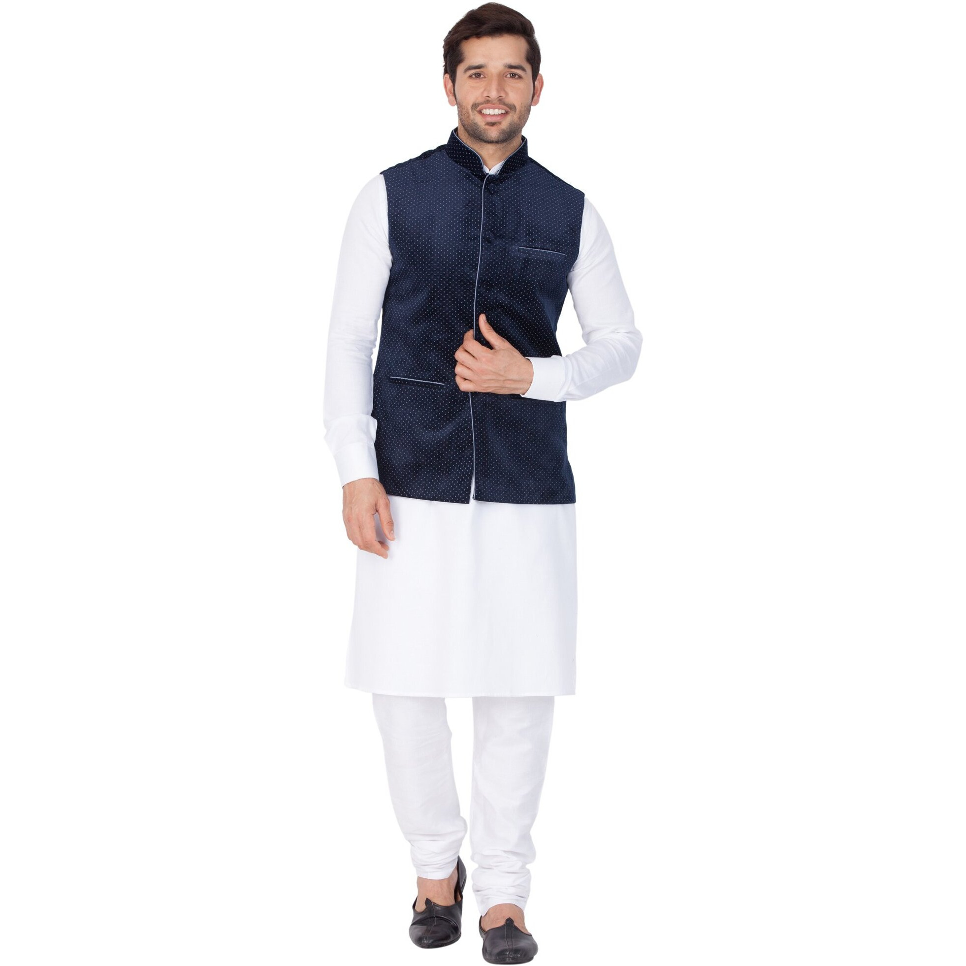 VASTRAMAY Men Cotton Kurta Modi Jacket and Pyjama Set (White_VASMKPWH014nMJT014BU_36)