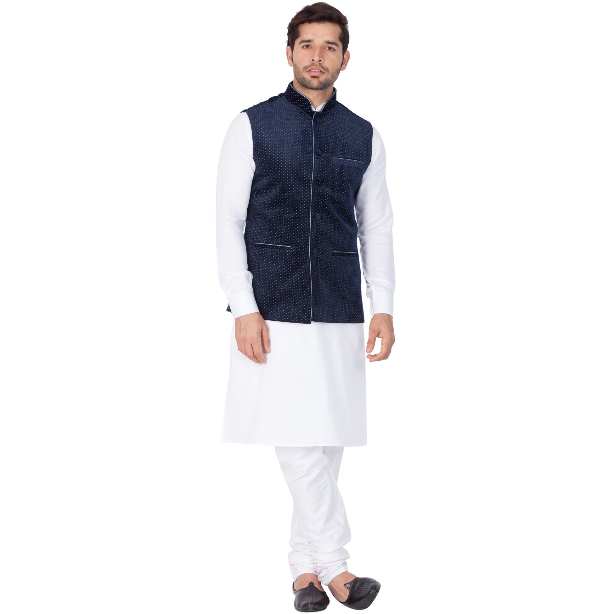 VASTRAMAY Men Cotton Kurta Modi Jacket and Pyjama Set (White_VASMKPWH014nMJT014BU_36)