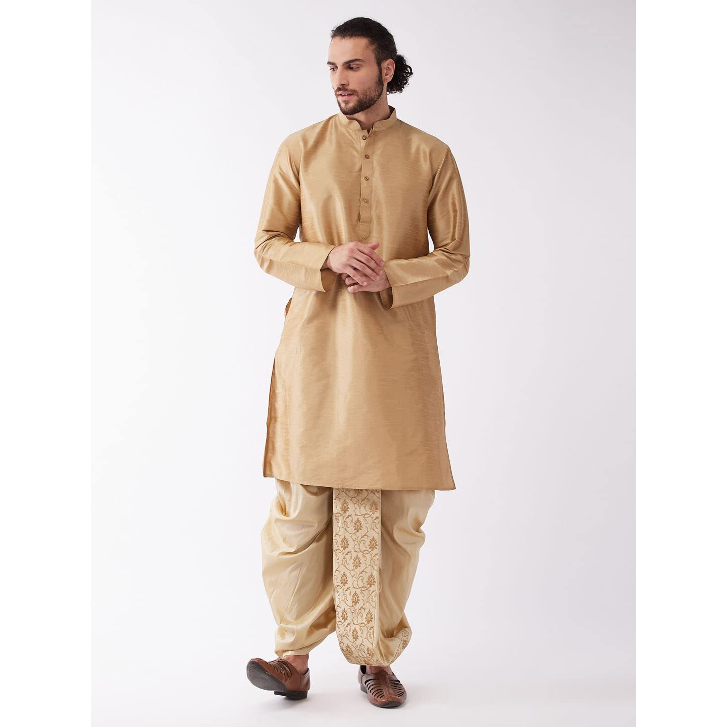 VASTRAMAY Men's Solid Kurta And Embroidered Traditional Dhoti Set_VASMKRG001nDT006GO_40