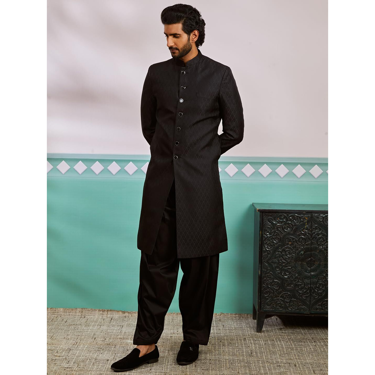 VASTRAMAY Men's Black Silk Blend Sherwani And Patiala Set - Silk Blend Jacquard Sherwani,And Patiala Set for Men.