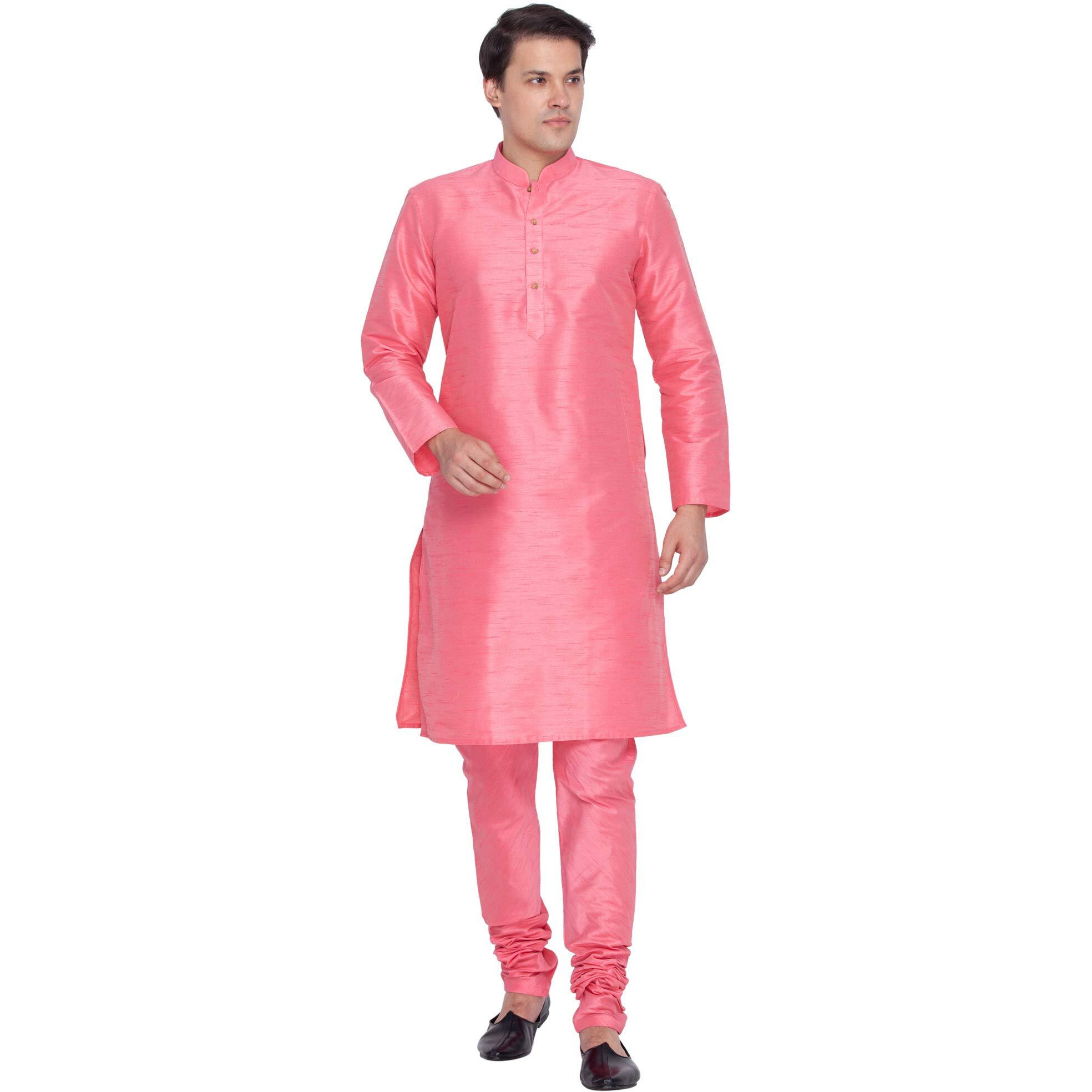 VASTRAMAY Men Cotton Kurta and Pyjama Set Ethnicwear (VASMKPN001nPPN_44 Colour Pink Size 44)