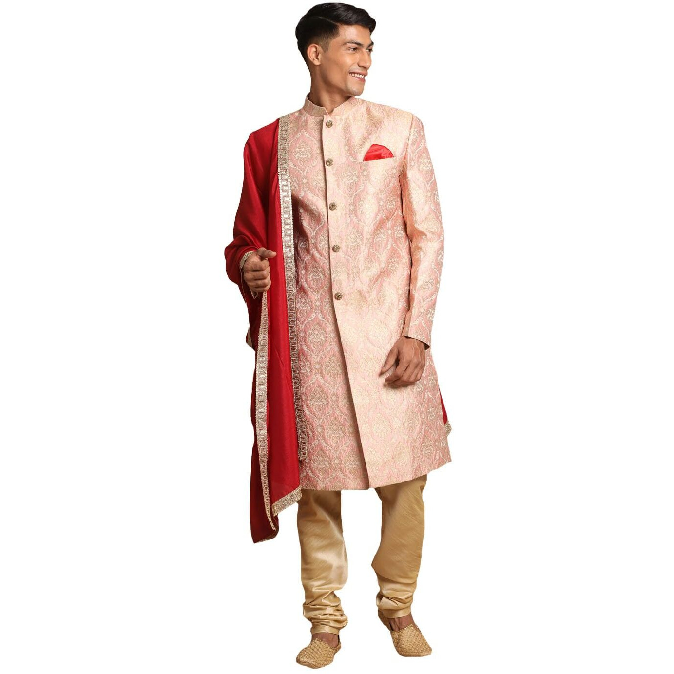 VASTRAMAY Men's Pink, Maroon And Gold Silk Blend Sherwani Set - A Set Of Brocade Sherwani And Pyjama With Dupatta