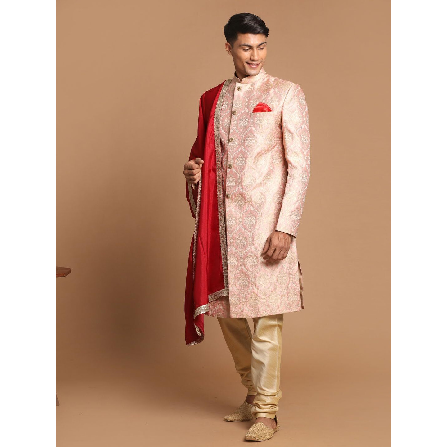VASTRAMAY Men's Pink, Maroon And Gold Silk Blend Sherwani Set - A Set Of Brocade Sherwani And Pyjama With Dupatta