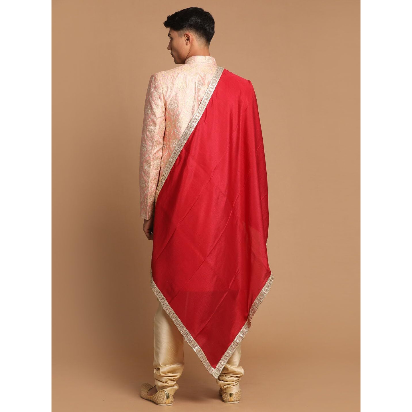 VASTRAMAY Men's Pink, Maroon And Gold Silk Blend Sherwani Set - A Set Of Brocade Sherwani And Pyjama With Dupatta