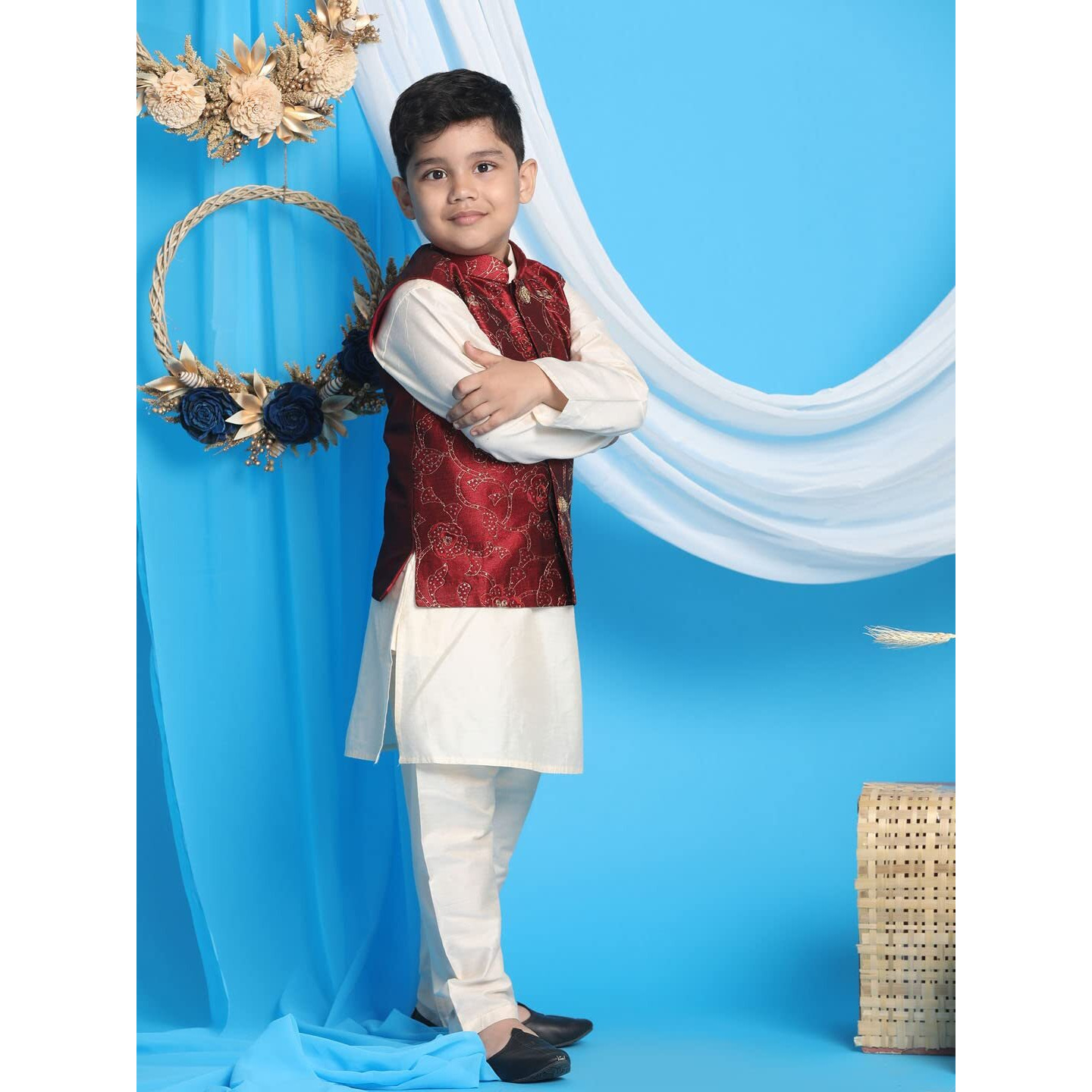 VASTRAMAY Boys' Maroon And Cream Jacket, Kurta and Pyjama Set_JBNBJ016MAnBK091CRnBVPCR_28