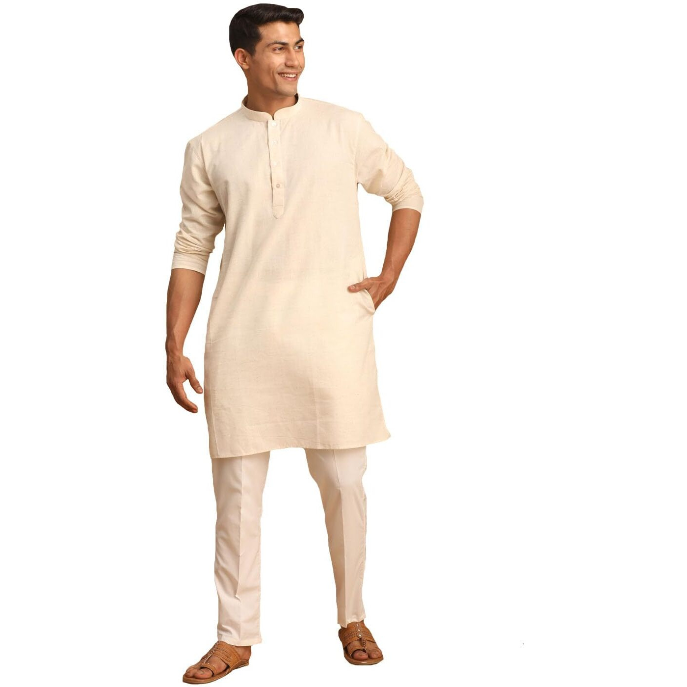 VASTRAMAY Men's Cream Cotton Short Kurta With Pant Style Pyjama-FDB5_VASMMK005CRnPANT006CR_38