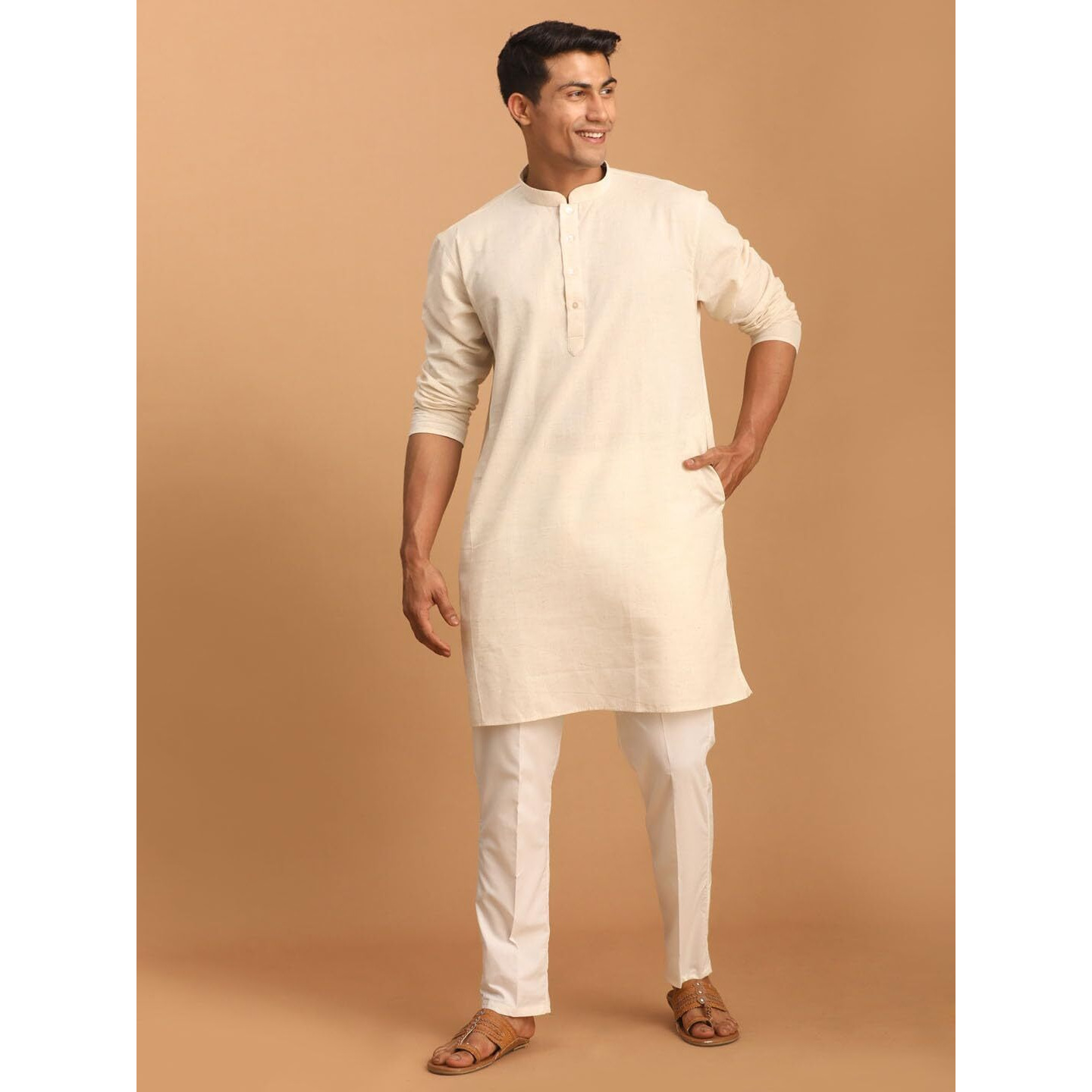 VASTRAMAY Men's Cream Cotton Short Kurta With Pant Style Pyjama-FDB5_VASMMK005CRnPANT006CR_38