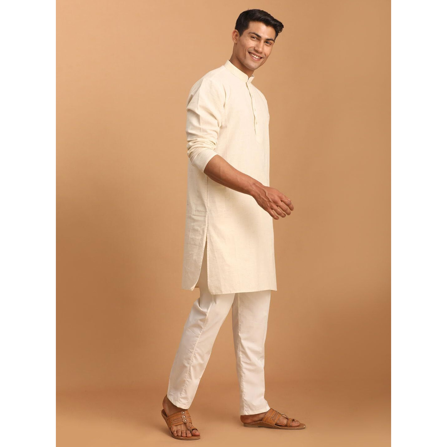 VASTRAMAY Men's Cream Cotton Short Kurta With Pant Style Pyjama-FDB5_VASMMK005CRnPANT006CR_38
