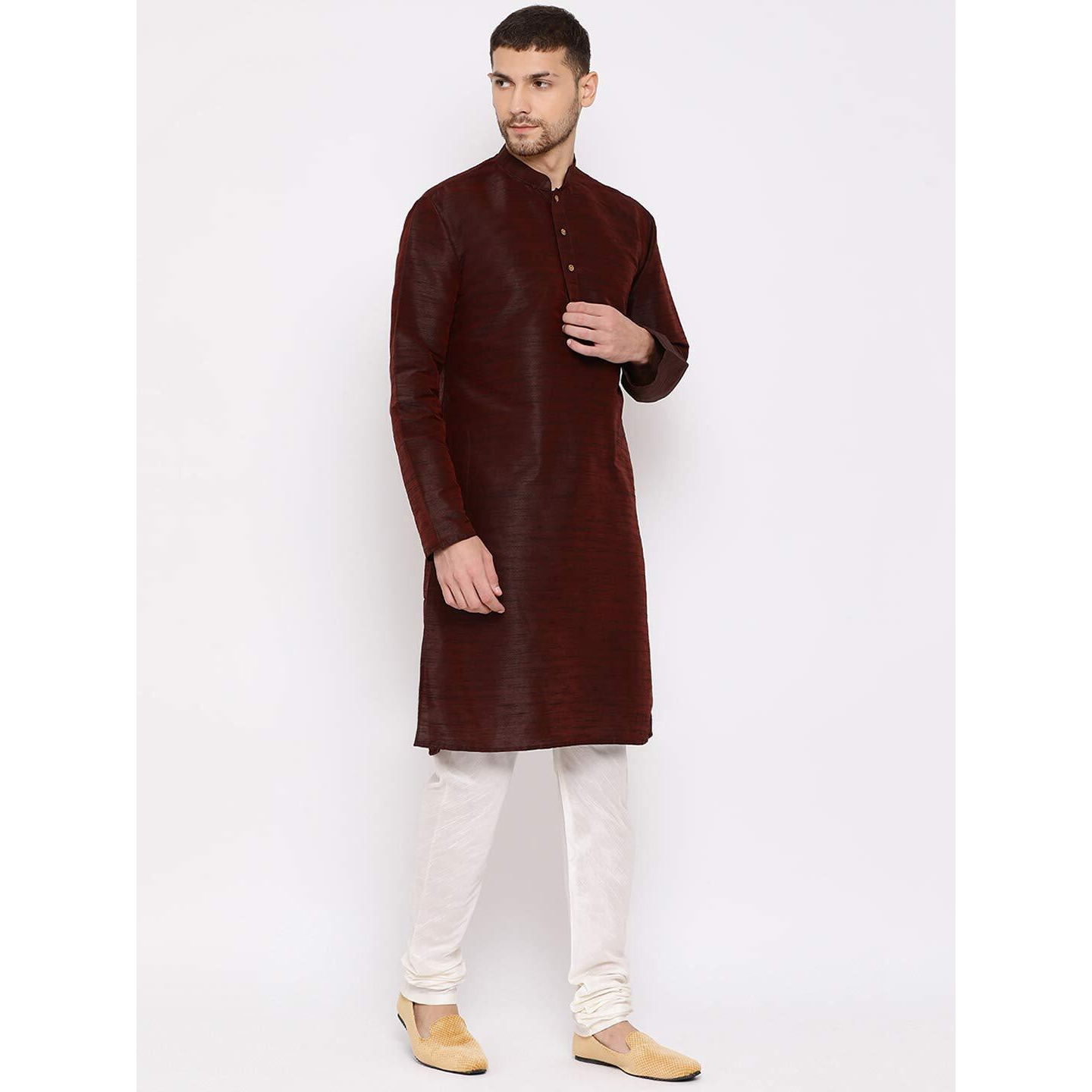 VASTRAMAY Men's Wine Silk Blend Kurta Pyjama set_VASMK001WNnPCR_42