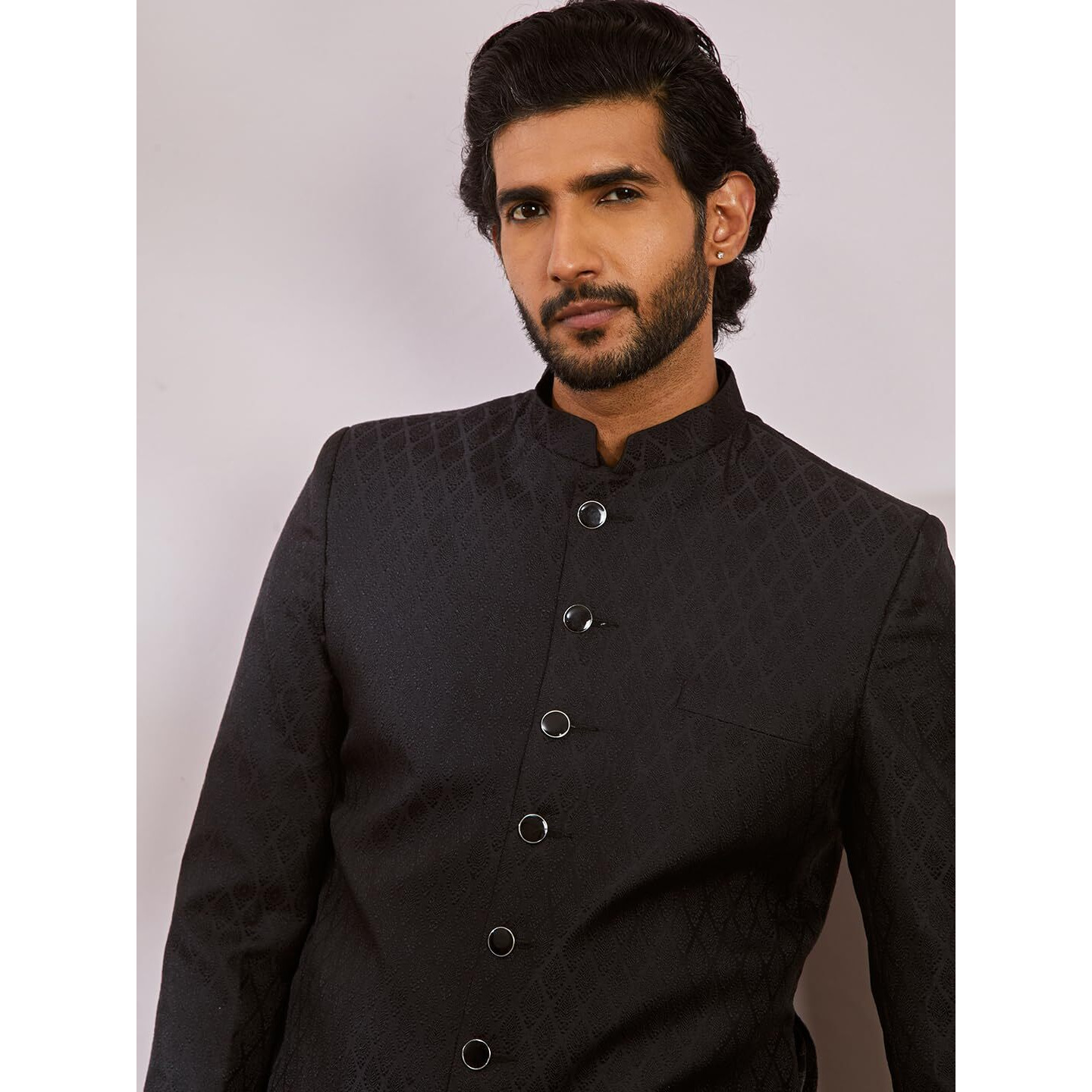 VASTRAMAY Men's Black Silk Blend Sherwani And Patiala Set - Silk Blend Jacquard Sherwani,And Patiala Set for Men.