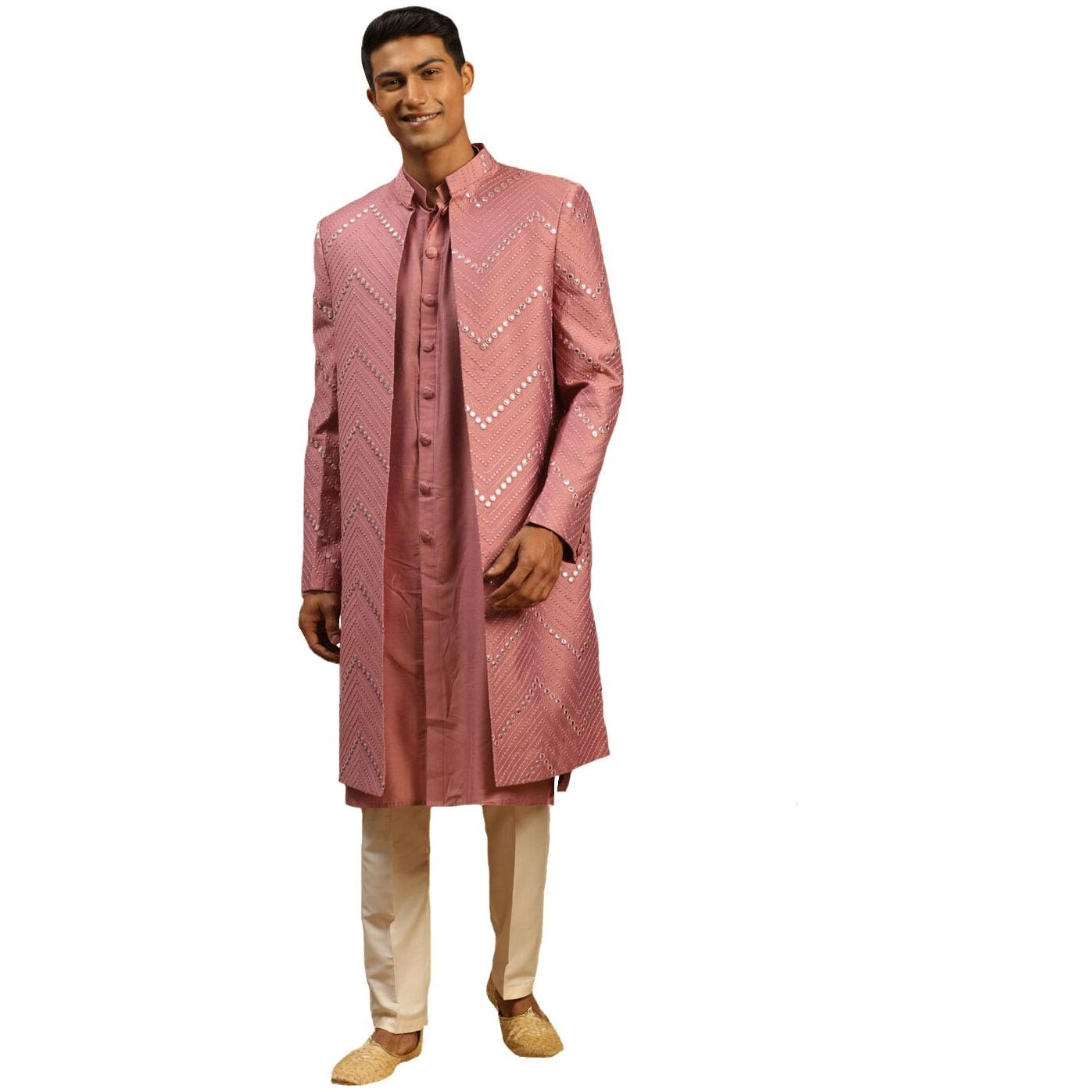 VASTRAMAY Mirror Work Front Open Sherwani Set with Pant Style Pyjama for Men  Elegant Ethnic Wear for Weddings & Festivals
