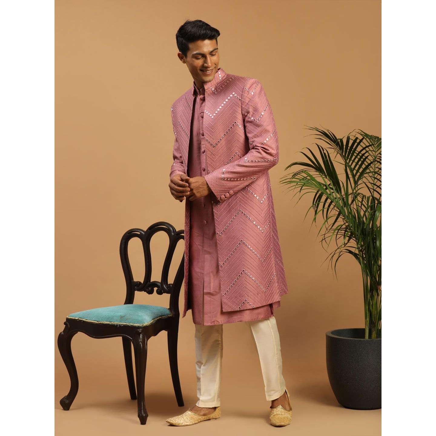 VASTRAMAY Mirror Work Front Open Sherwani Set with Pant Style Pyjama for Men  Elegant Ethnic Wear for Weddings & Festivals