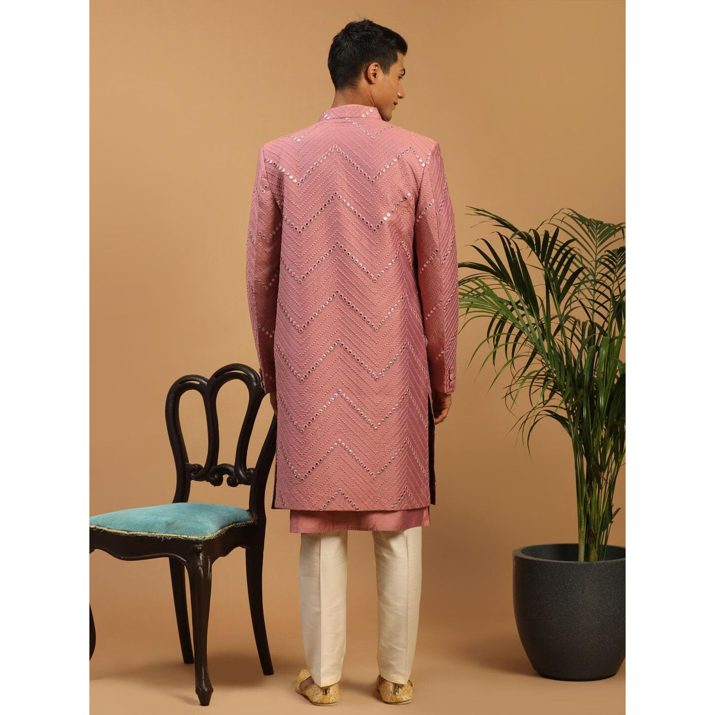 VASTRAMAY Mirror Work Front Open Sherwani Set with Pant Style Pyjama for Men  Elegant Ethnic Wear for Weddings & Festivals