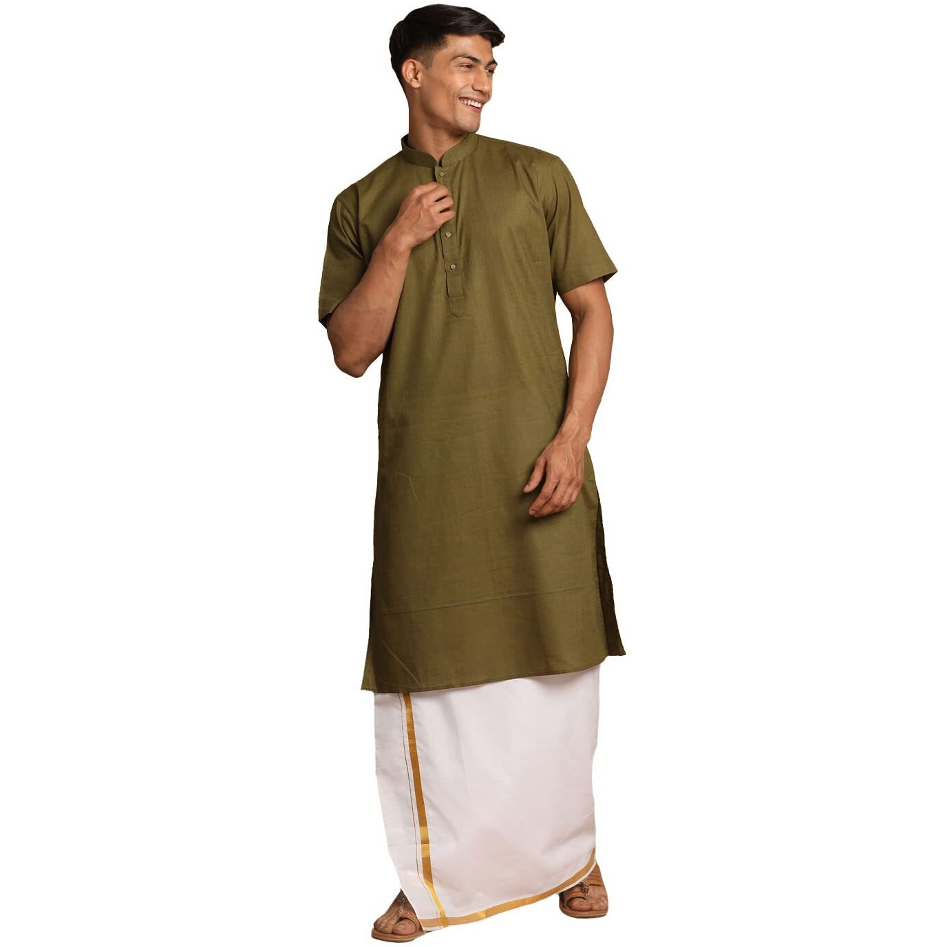 VASTRAMAY Men's Dark Green And White Cotton Linen Kurta And Mundu Set_VASMK140MGnMMU001_36