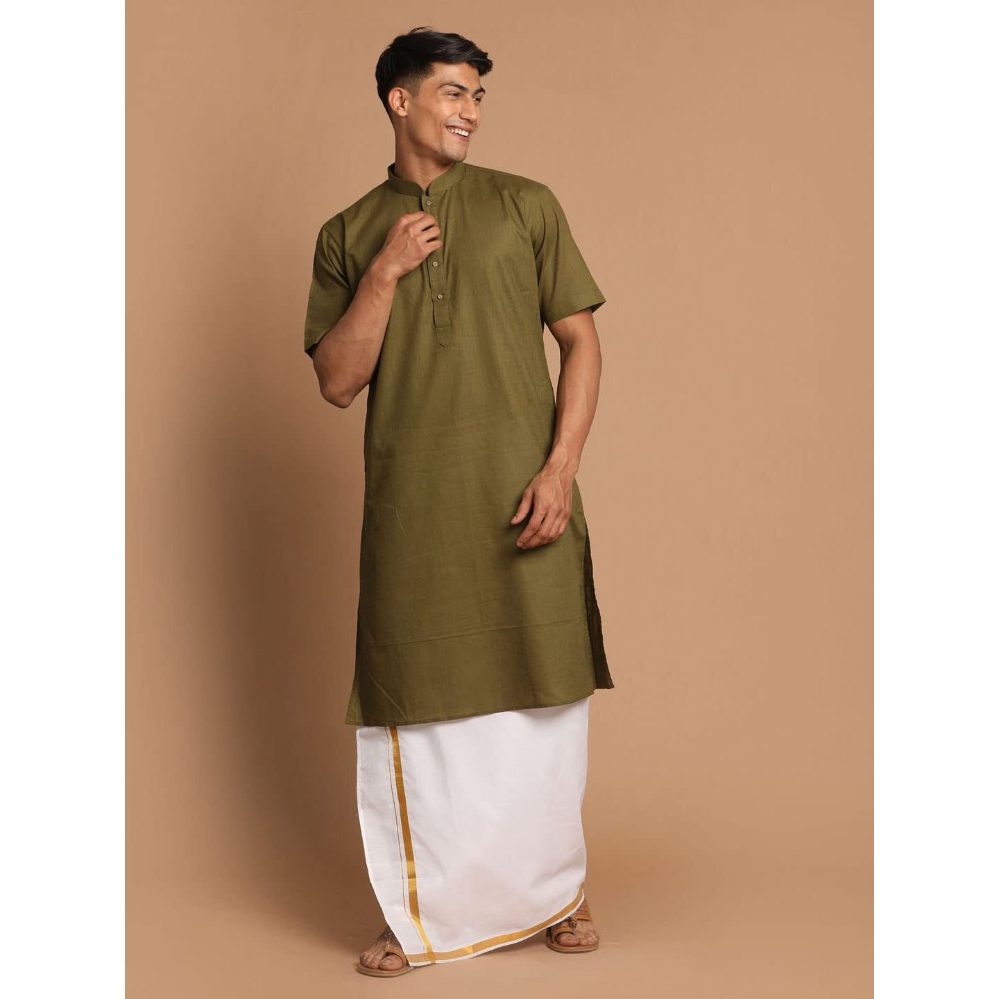VASTRAMAY Men's Dark Green And White Cotton Linen Kurta And Mundu Set_VASMK140MGnMMU001_36