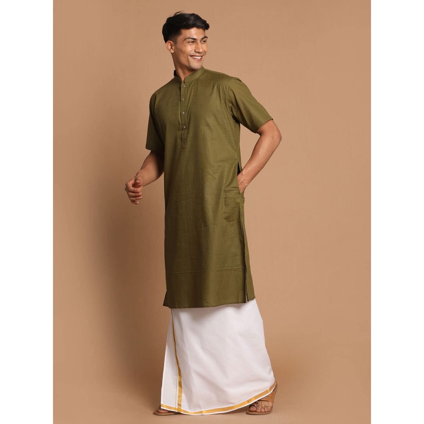 VASTRAMAY Men's Dark Green And White Cotton Linen Kurta And Mundu Set_VASMK140MGnMMU001_36