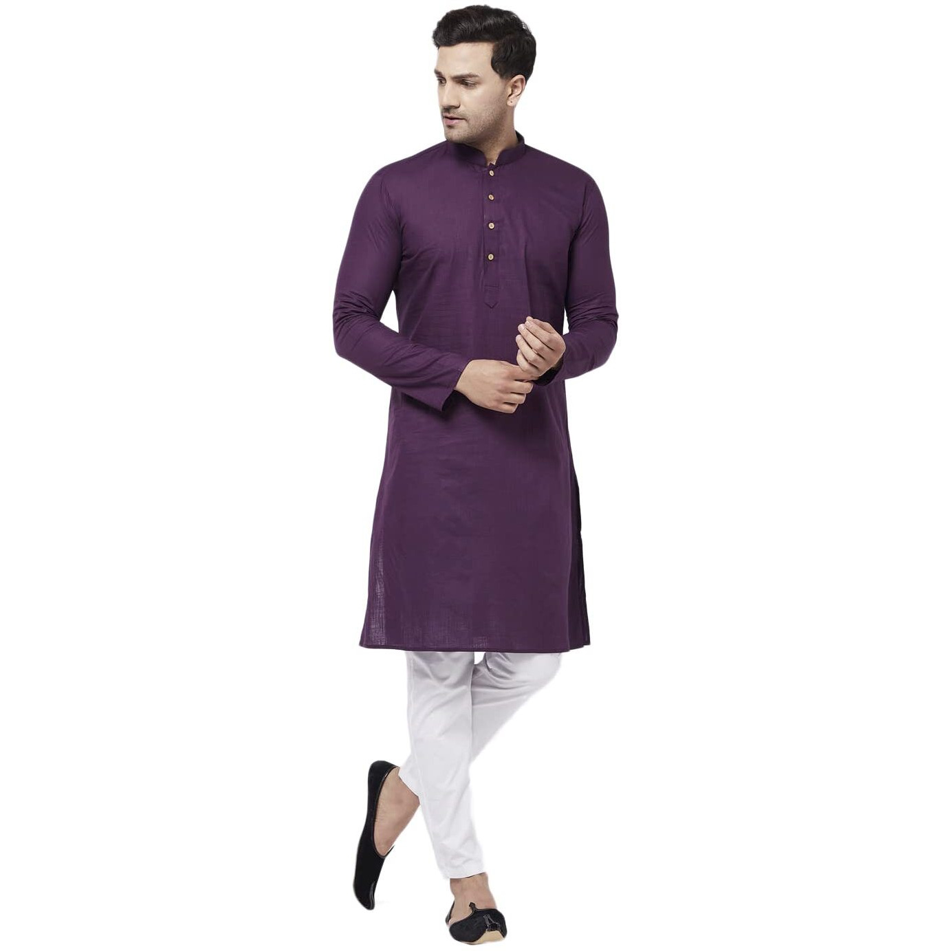VASTRAMAY Men's Purple And White Cotton Linen Kurta Pyjama Set-VASMK007PUnPANT003WH_40