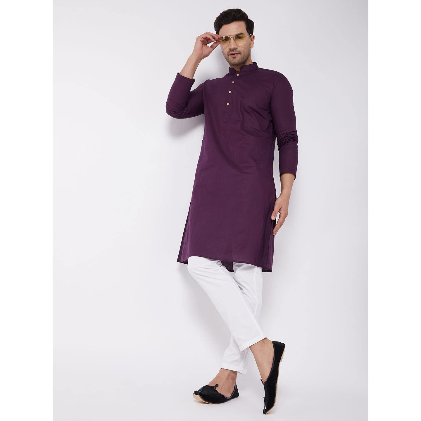 VASTRAMAY Men's Purple And White Cotton Linen Kurta Pyjama Set-VASMK007PUnPANT003WH_40