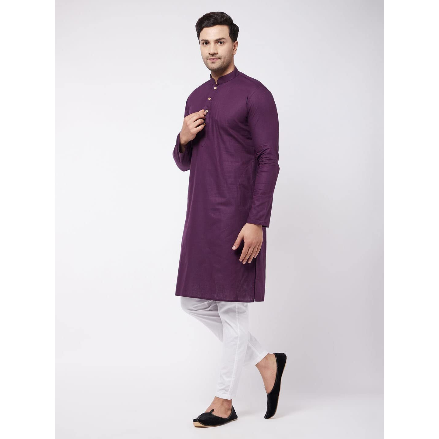 VASTRAMAY Men's Purple And White Cotton Linen Kurta Pyjama Set-VASMK007PUnPANT003WH_40