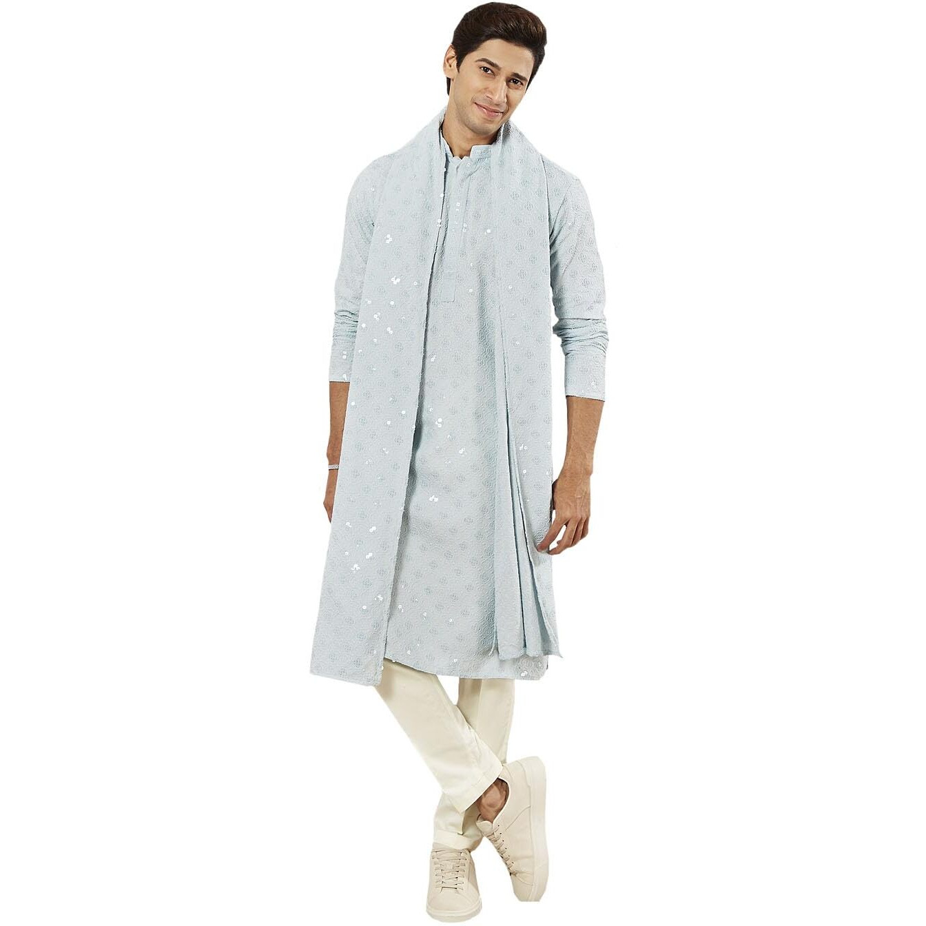 VASTRAMAY Men's Aqua Rayon Kurta Pyjama And Dupatta Set - Rayon Schiffily Embroidery Kurta Pyjama And Dupatta Set For Men.
