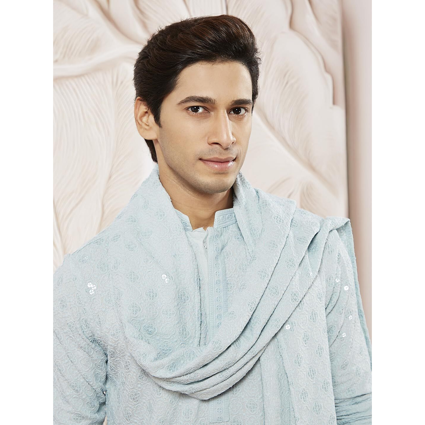 VASTRAMAY Men's Aqua Rayon Kurta Pyjama And Dupatta Set - Rayon Schiffily Embroidery Kurta Pyjama And Dupatta Set For Men.