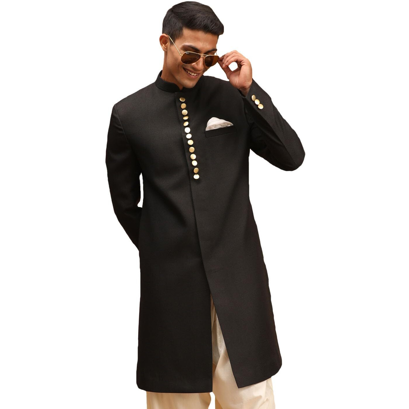 VASTRAMAY Men's Black Achkan Sherwani Only Top_VASMSW029BL_40