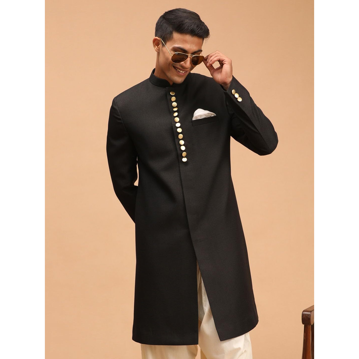 VASTRAMAY Men's Black Achkan Sherwani Only Top_VASMSW029BL_40