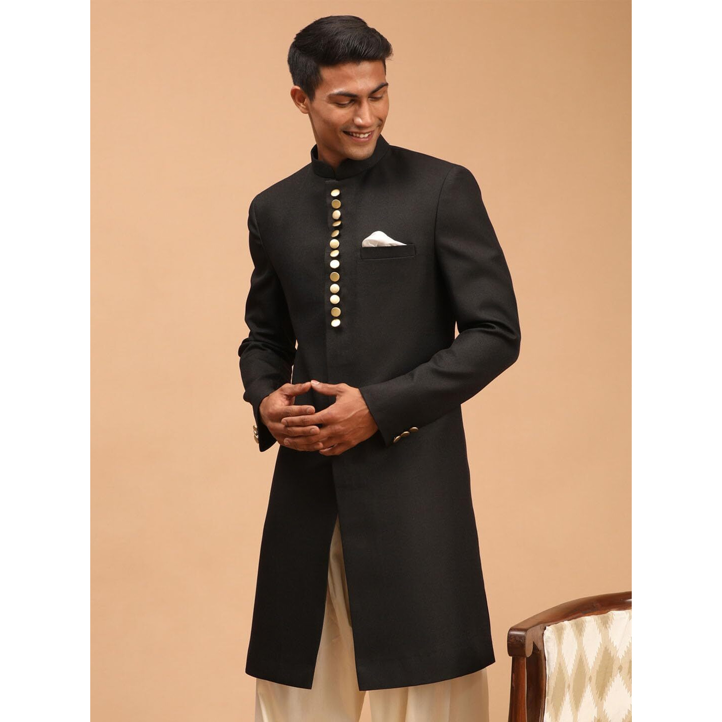 VASTRAMAY Men's Black Achkan Sherwani Only Top_VASMSW029BL_40