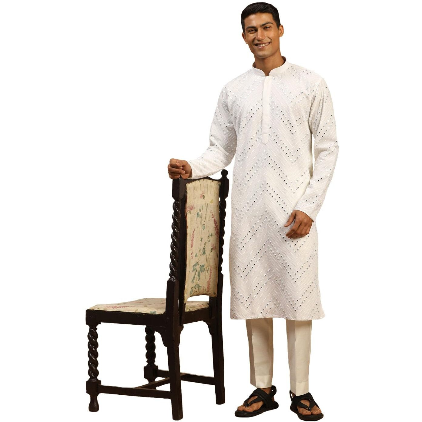 VASTRAMAY Men's White Georgette Kurta Pyjama Set | Mirror work White Georgette Kurta With Pant Style Pyjama Set.