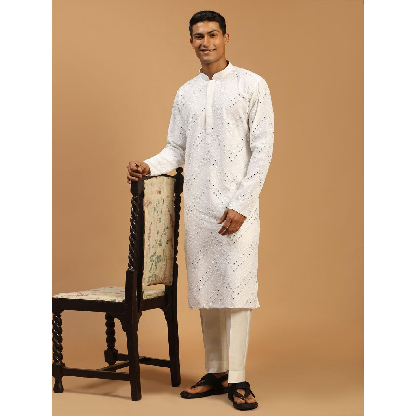 VASTRAMAY Men's White Georgette Kurta Pyjama Set | Mirror work White Georgette Kurta With Pant Style Pyjama Set.