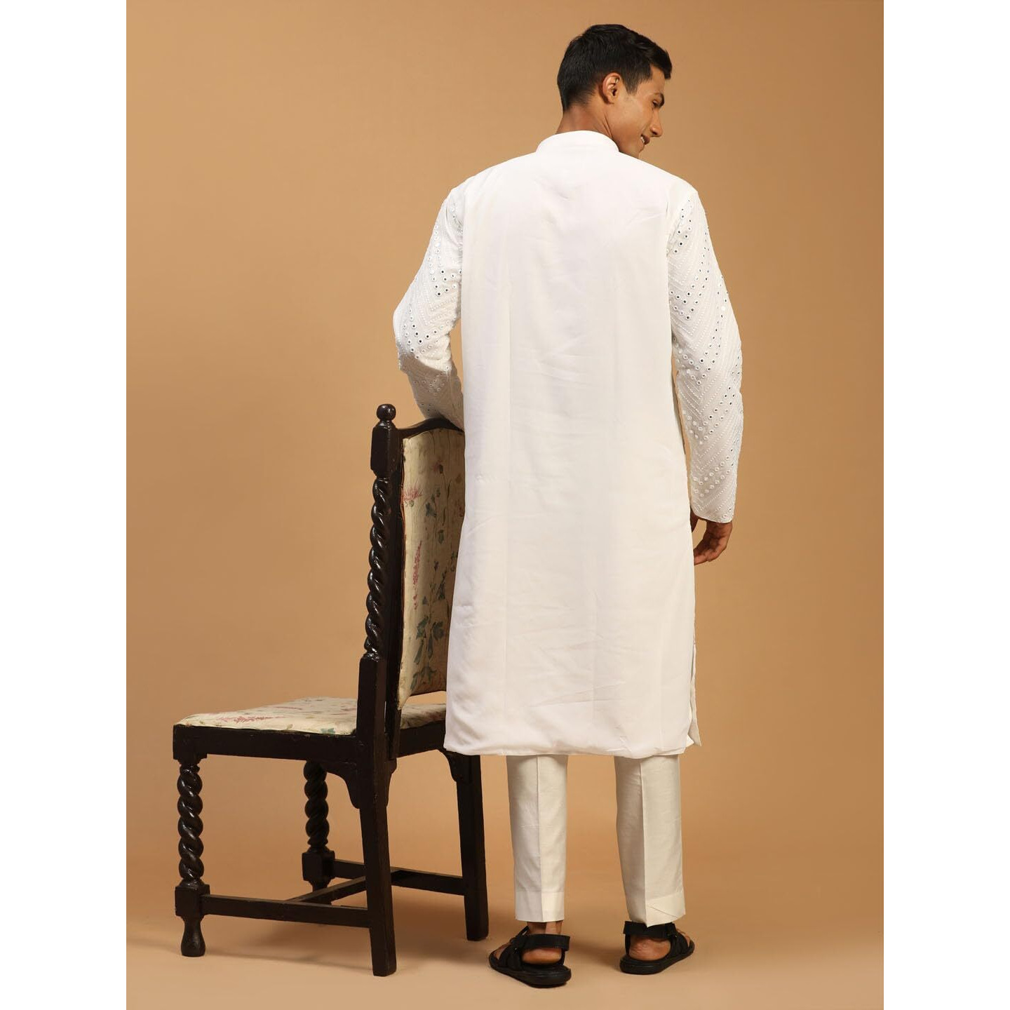 VASTRAMAY Men's White Georgette Kurta Pyjama Set | Mirror work White Georgette Kurta With Pant Style Pyjama Set.