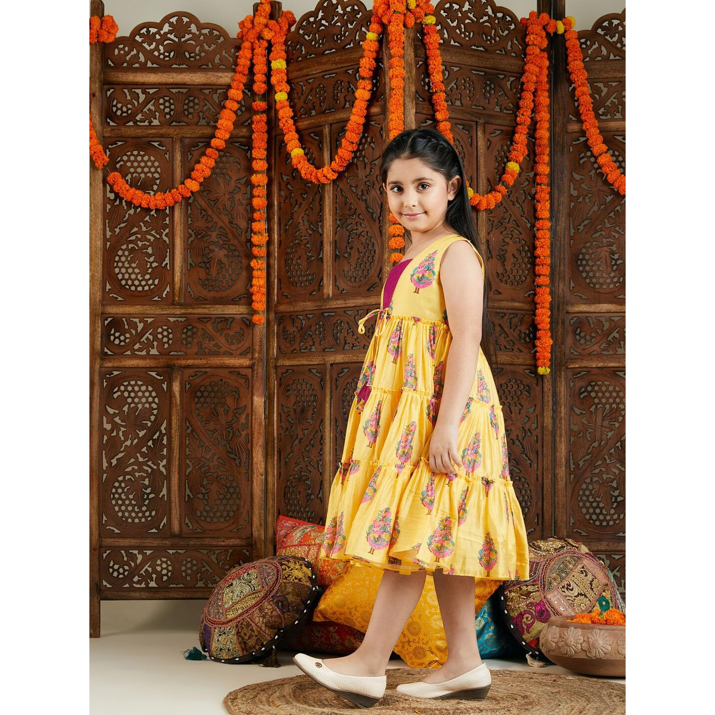 VASTRAMAY Girls' Yellow and Pink Ethnic Dress_VASGK019YW_20