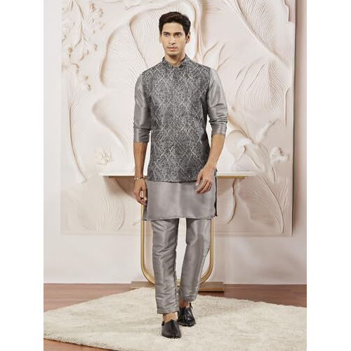 VASTRAMAY Men's Grey Silk Blend Allover Embroidered Nehru Jacket, Kurta and Pyjama Set - Elegant Ethnic Wear for Weddings & Festive Occasions