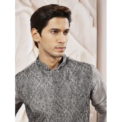 VASTRAMAY Men's Grey Silk Blend Allover Embroidered Nehru Jacket, Kurta and Pyjama Set - Elegant Ethnic Wear for Weddings & Festive Occasions
