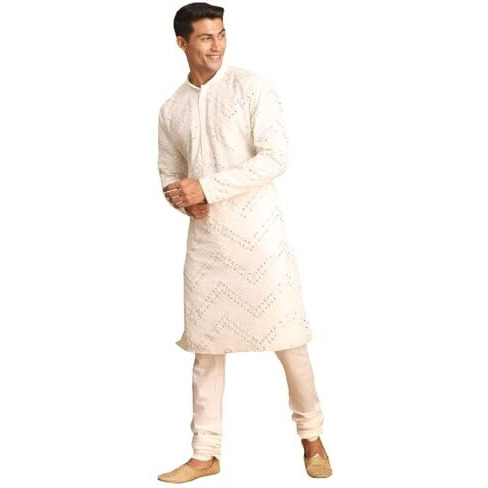 VASTRAMAY Men's White Georgette Kurta Pyjama Set | Mirror work White Georgette Kurta and Pyjama Set.