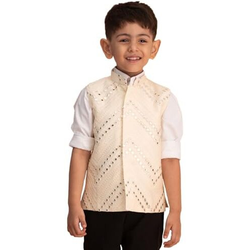 VASTRAMAY Boys' Cream Nehru Jacket | Mirror Work Viscose Sleeveless Nehru Jacket - Navratri Special Traditional Ethnic Waistcoat - Perfect for Festivals, Weddings, and Celebrations