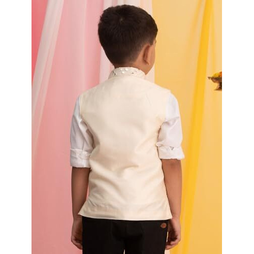 VASTRAMAY Boys' Cream Nehru Jacket | Mirror Work Viscose Sleeveless Nehru Jacket - Navratri Special Traditional Ethnic Waistcoat - Perfect for Festivals, Weddings, and Celebrations