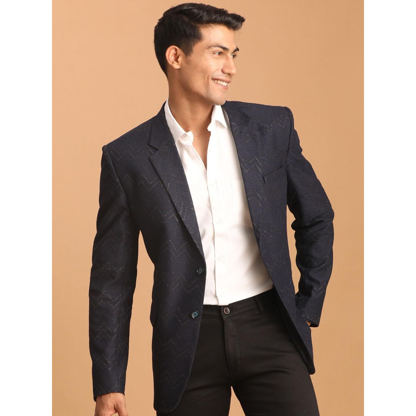VASTRAMAY Men's Navy Blue Silk Blend Blazer | Imported Fabric Blazer for Men
