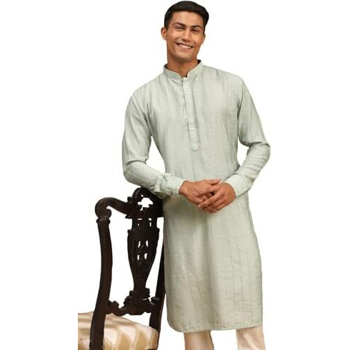 VASTRAMAY Men's Green Cotton Blend Kurta | Dyed Chanderi Fabric with Sequins Embellishments Kurta | Timeless Elegance for Festivals & Events | Classic Design, Premium Comfort, and Versatile Style