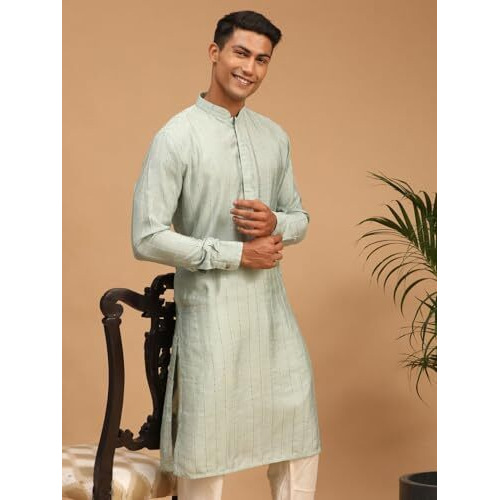 VASTRAMAY Men's Green Cotton Blend Kurta | Dyed Chanderi Fabric with Sequins Embellishments Kurta | Timeless Elegance for Festivals & Events | Classic Design, Premium Comfort, and Versatile Style