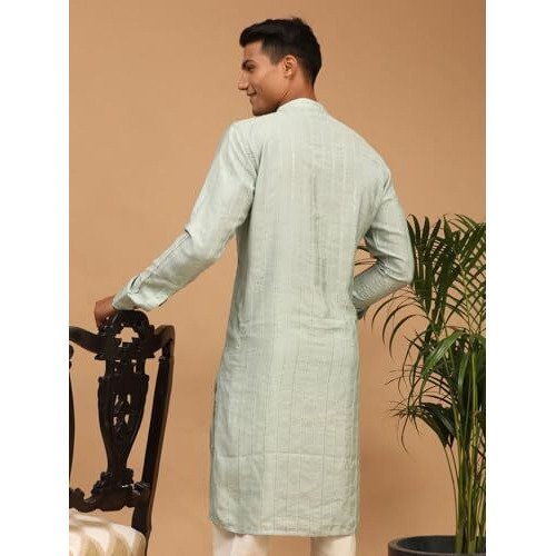 VASTRAMAY Men's Green Cotton Blend Kurta | Dyed Chanderi Fabric with Sequins Embellishments Kurta | Timeless Elegance for Festivals & Events | Classic Design, Premium Comfort, and Versatile Style