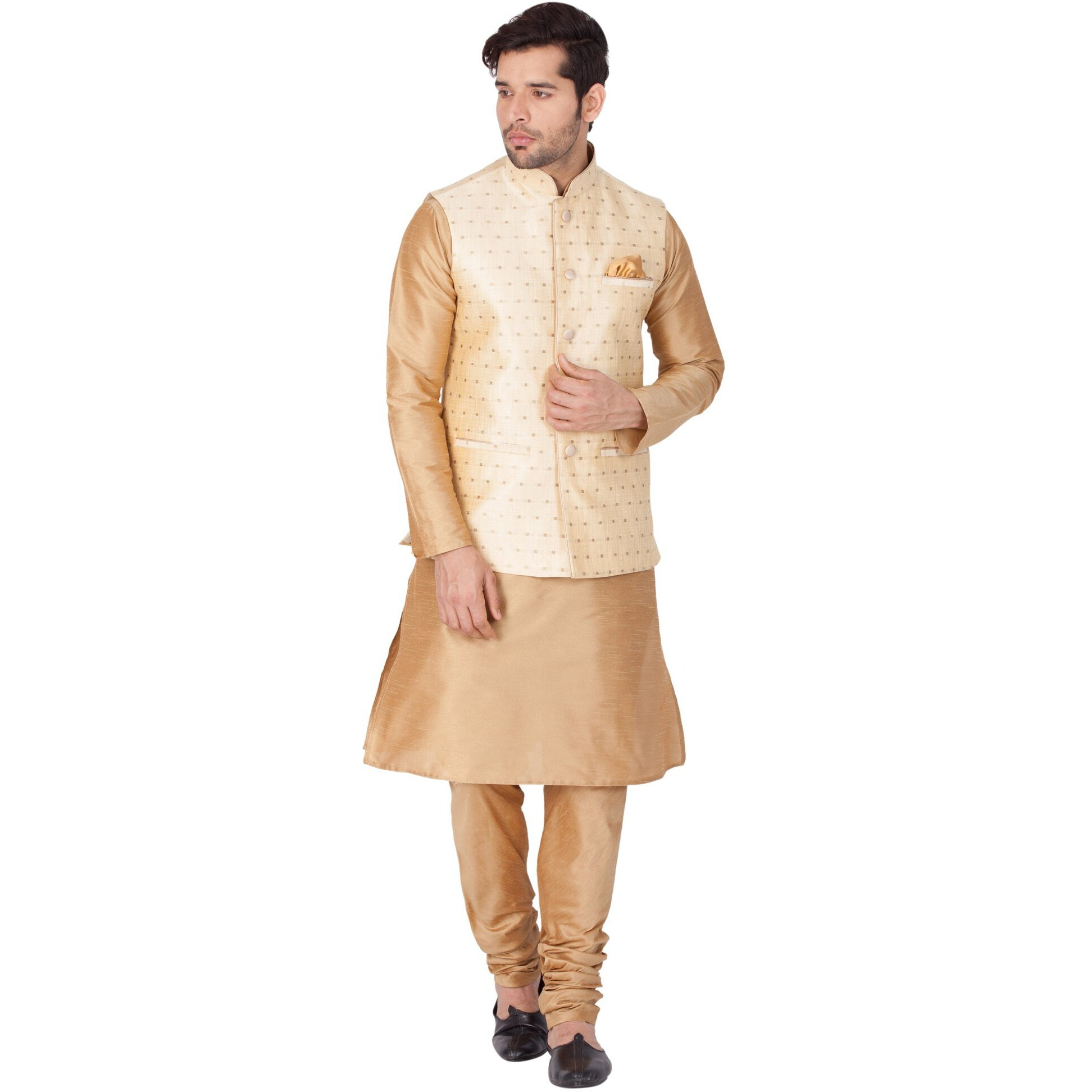 VASTRAMAY Men Cotton Silk Kurta Modi Jacket and Pyjama Set (Rose Gold_VASMJ009GOnKRG001nPRG_36)