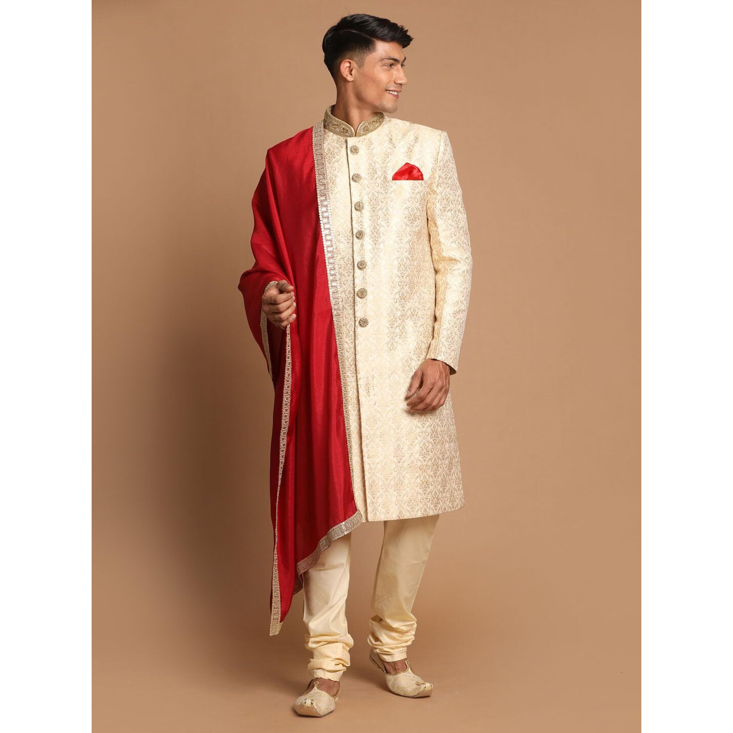 VASTRAMAY Men's Beige And Gold Silk Blend Sherwani Set_VASMSW127BGnMVPGOnD001MA_38