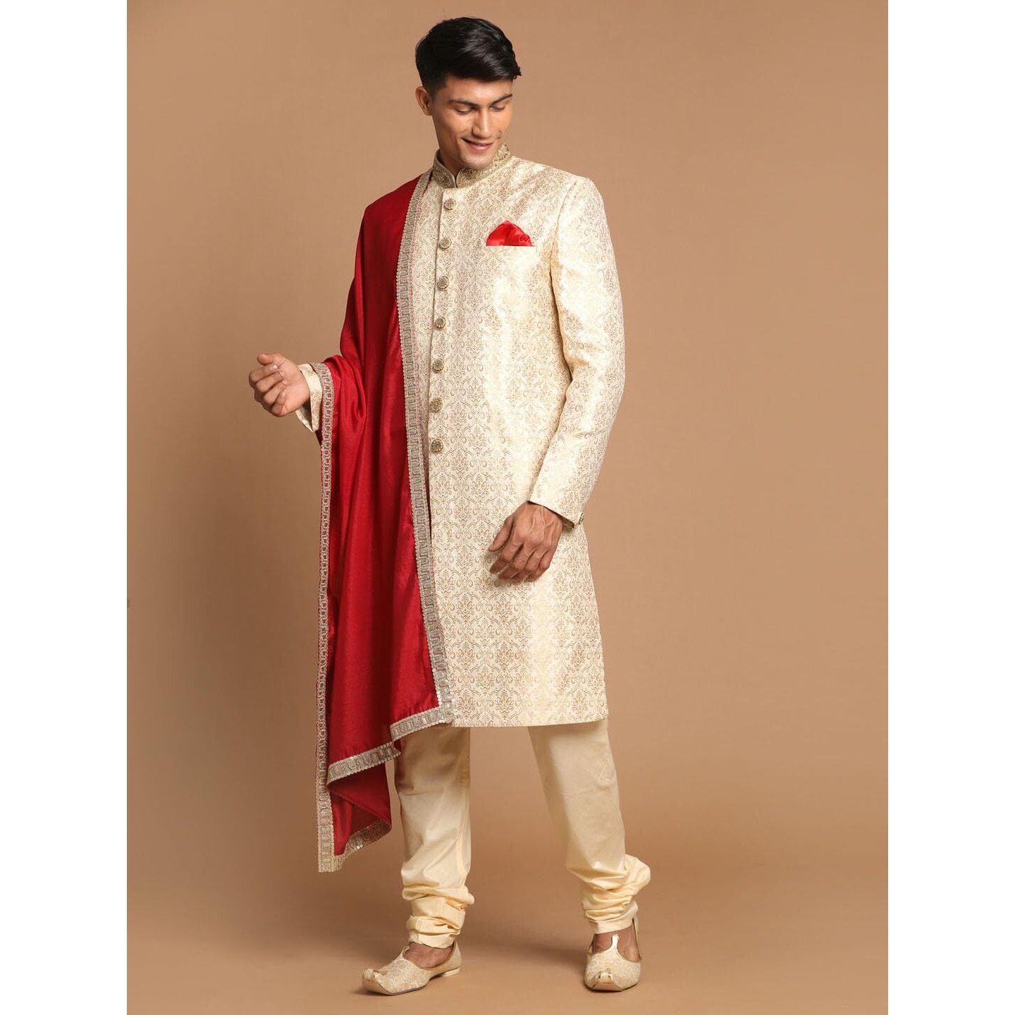 VASTRAMAY Men's Beige And Gold Silk Blend Sherwani Set_VASMSW127BGnMVPGOnD001MA_38