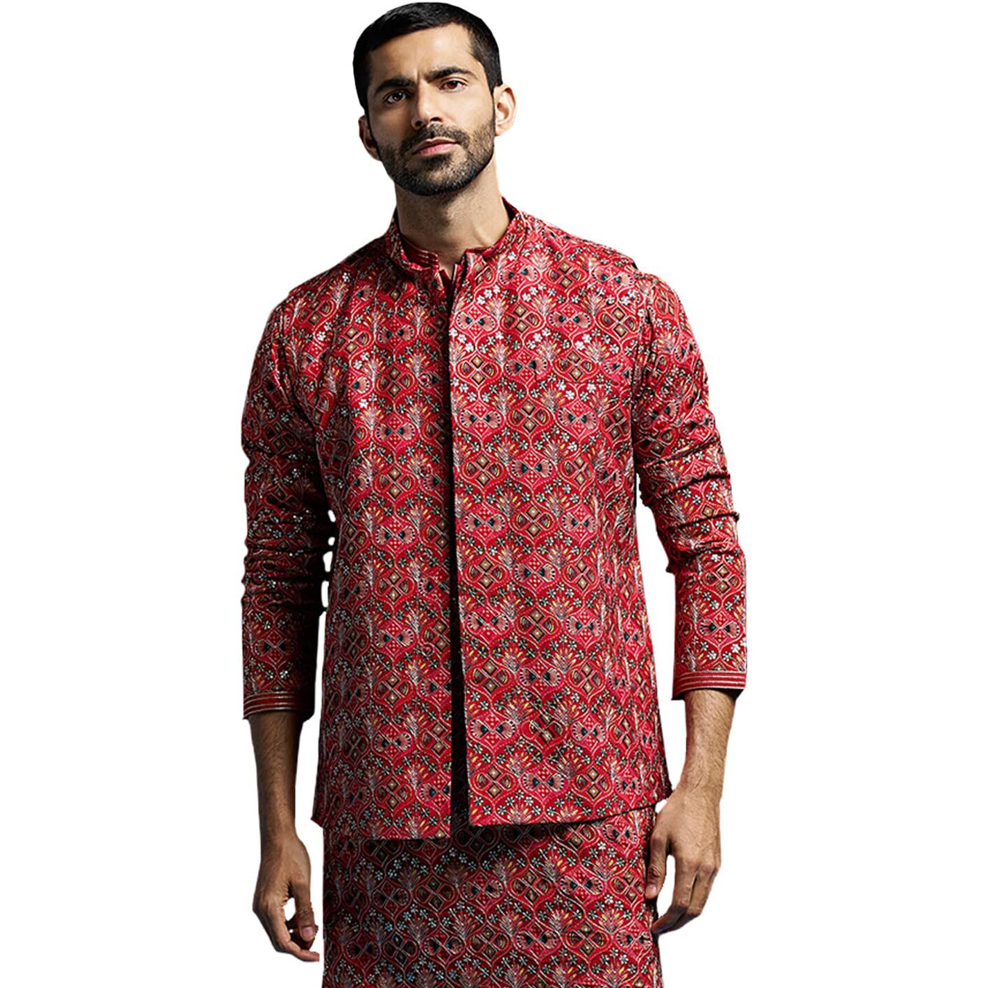 VASTRAMAY Men's Red - Nehru Jacket | Chinon Printed Embroidered Secuenced Jacket,Nehru Jacket For Men.