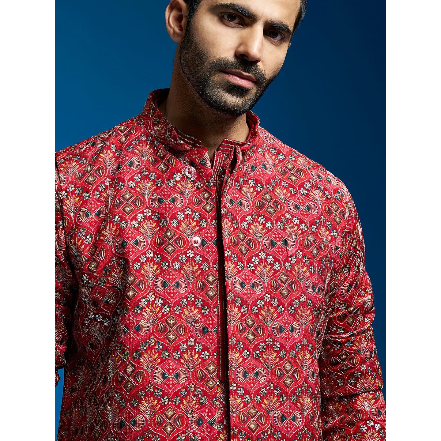 VASTRAMAY Men's Red - Nehru Jacket | Chinon Printed Embroidered Secuenced Jacket,Nehru Jacket For Men.