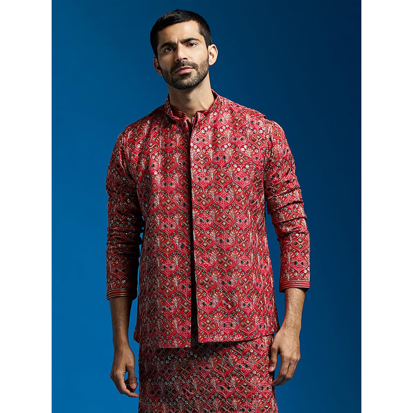 VASTRAMAY Men's Red - Nehru Jacket | Chinon Printed Embroidered Secuenced Jacket,Nehru Jacket For Men.